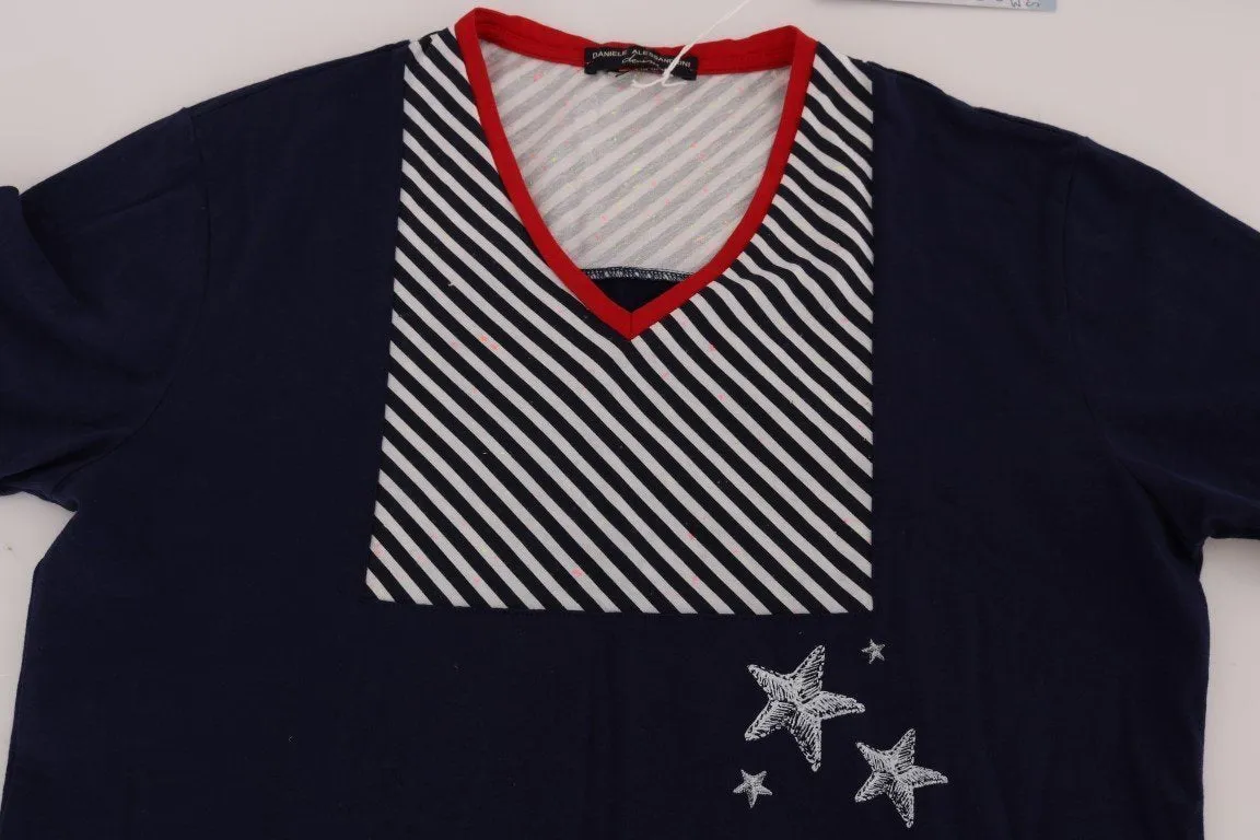 Blue Cotton V-neck Motive Print T-Shirt