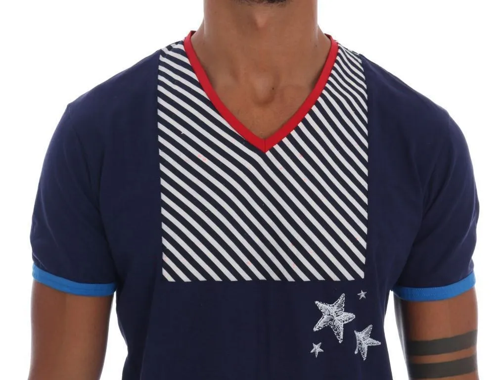 Blue Cotton V-neck Motive Print T-Shirt