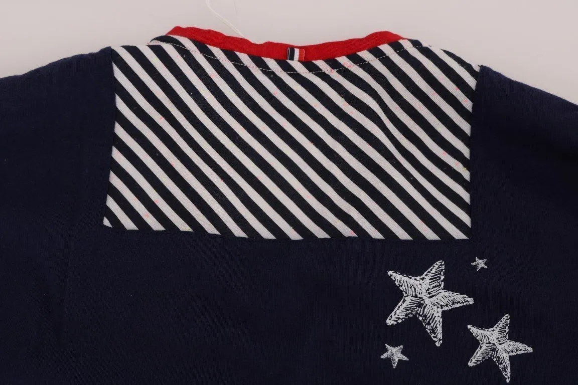 Blue Cotton V-neck Motive Print T-Shirt