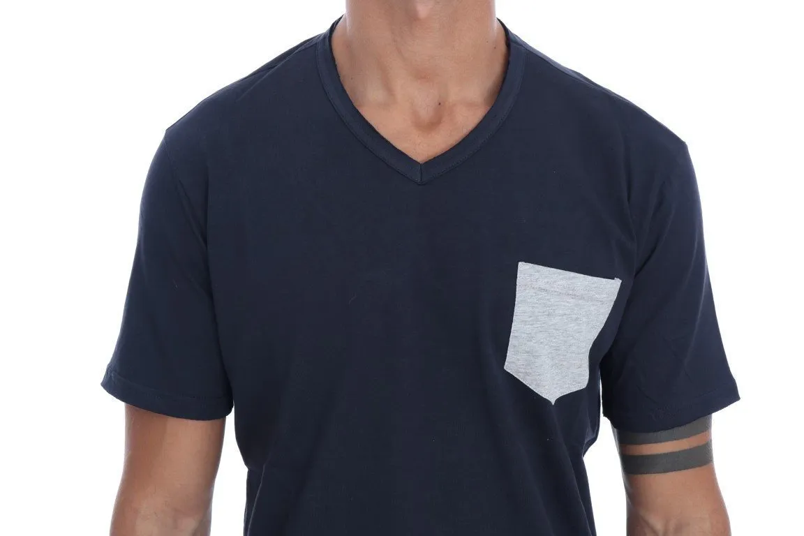 Blue Cotton V-neck T-Shirt