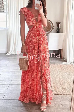 Boldest Bloom Floral Printed Ruffle Sleeve Cutout Maxi Dress
