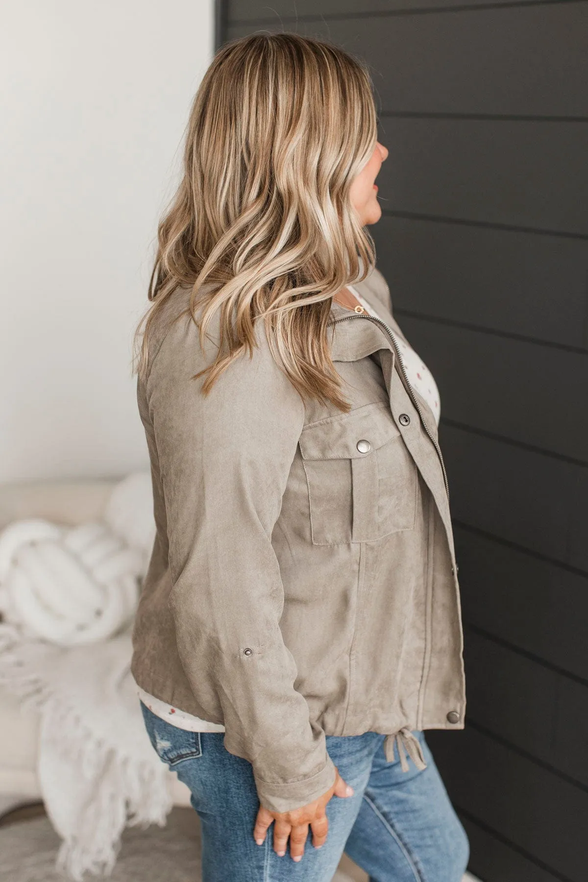 Brisk Morning Lightweight Zip Up Jacket- Dusty Olive