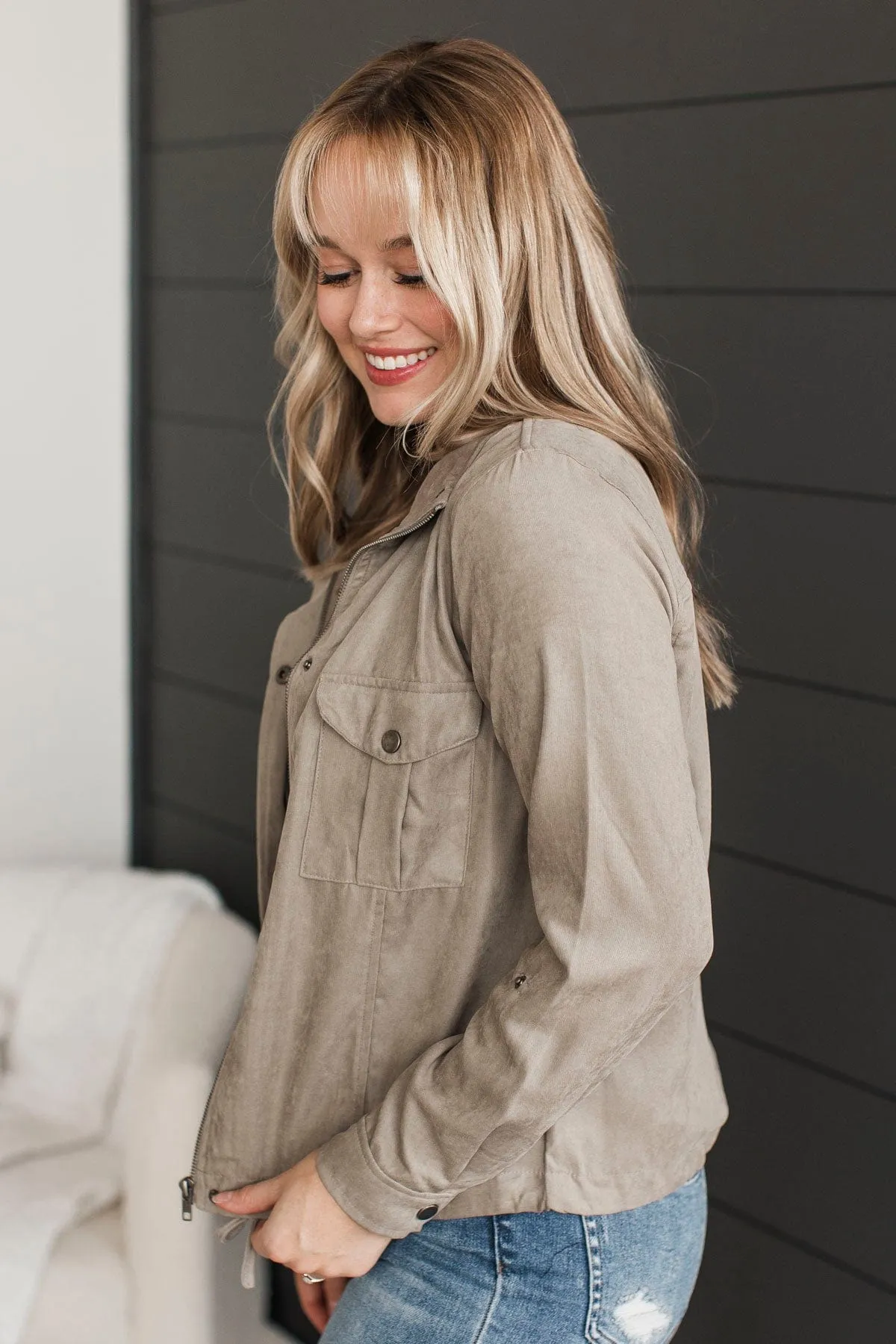 Brisk Morning Lightweight Zip Up Jacket- Dusty Olive