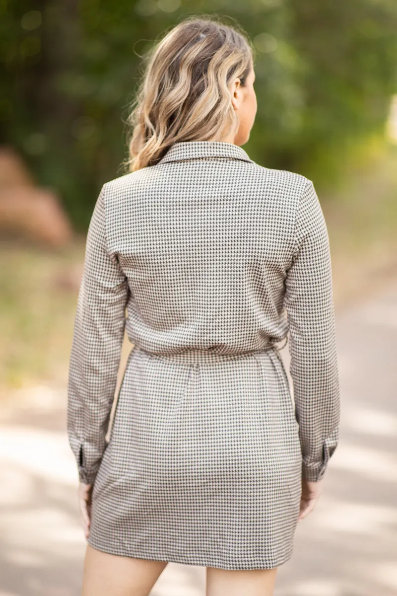 Brown and Beige Houndstooth Shirt Dress