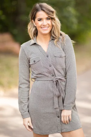 Brown and Beige Houndstooth Shirt Dress