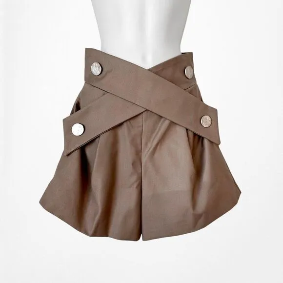 Brown Button Front Criss-Cross Flared High Waisted Shorts Size S