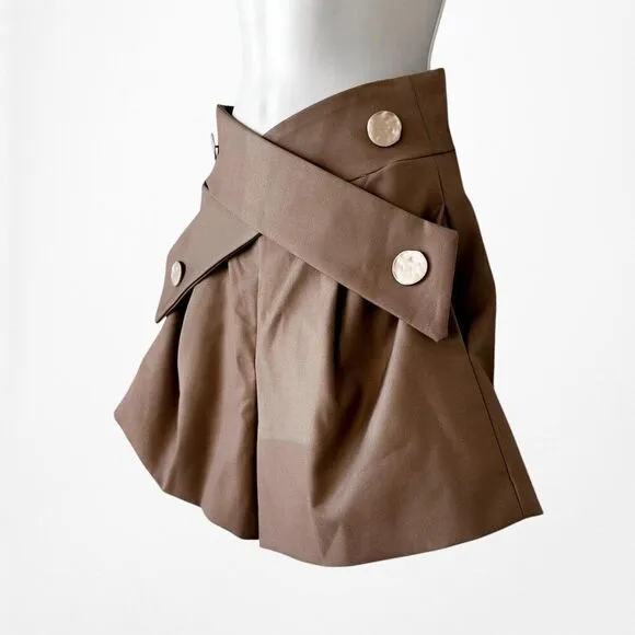 Brown Button Front Criss-Cross Flared High Waisted Shorts Size S