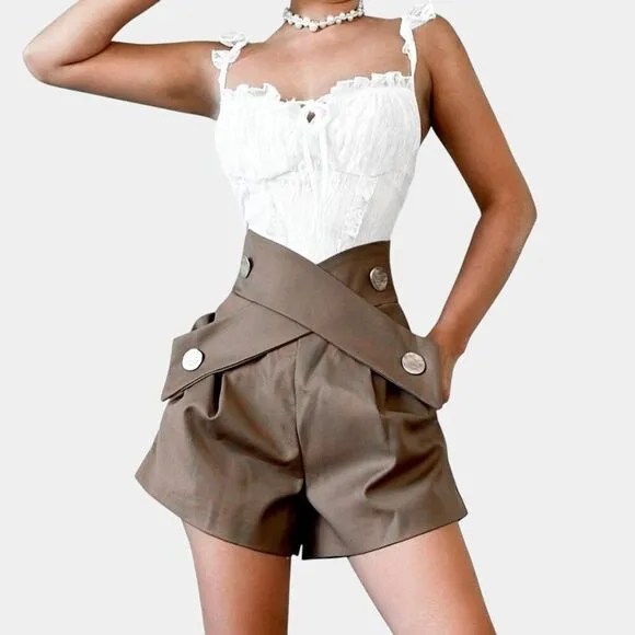 Brown Button Front Criss-Cross Flared High Waisted Shorts Size S