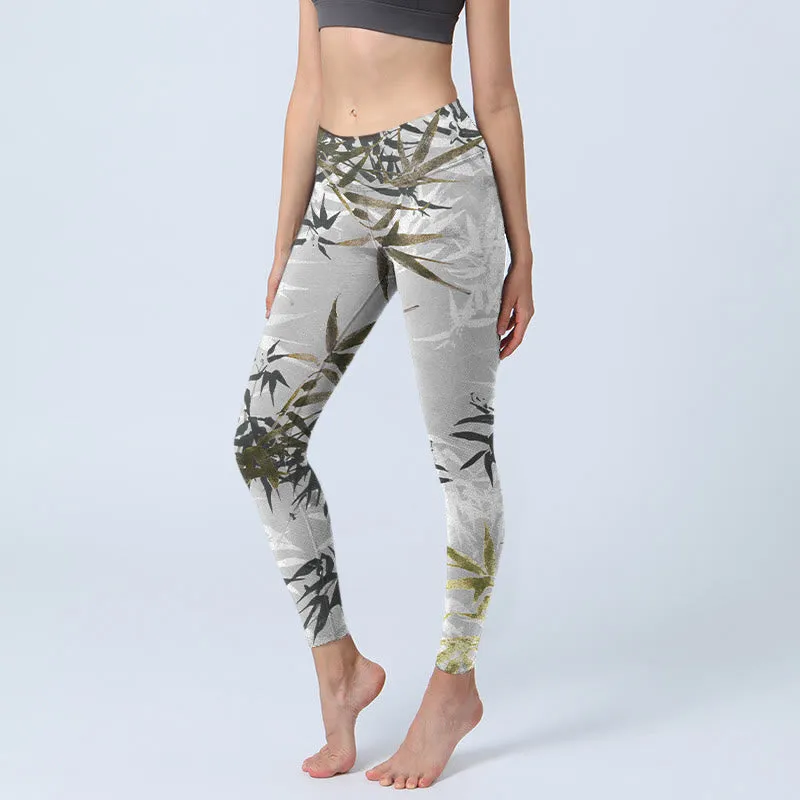 Buddha Stones Dark Gray Bamboo Leaves Print Gym Leggings Women's Yoga Pants