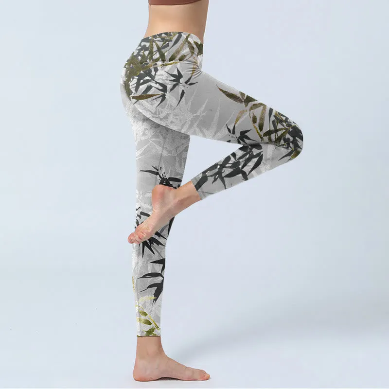 Buddha Stones Dark Gray Bamboo Leaves Print Gym Leggings Women's Yoga Pants