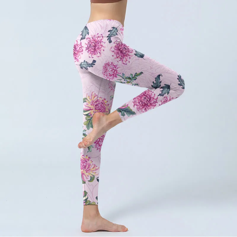 Buddha Stones Pink Chrysanthemum  Gym Leggings Women's Yoga Pants