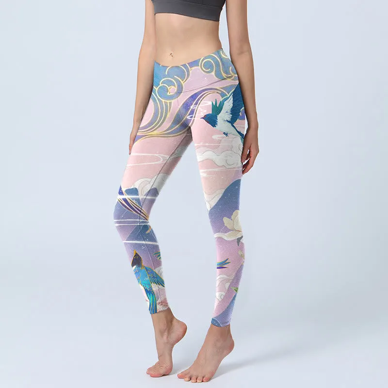 Buddha Stones Swallow Magpie Flower Mountain Auspicious Clouds Print Gym Leggings Women's Yoga Pants