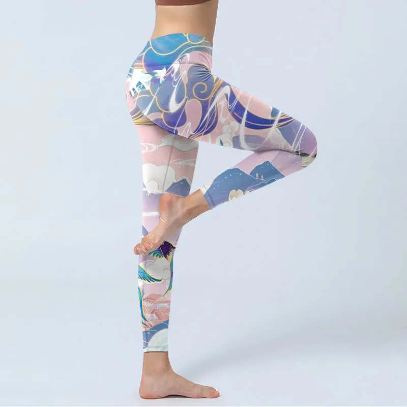 Buddha Stones Swallow Magpie Flower Mountain Auspicious Clouds Print Gym Leggings Women's Yoga Pants