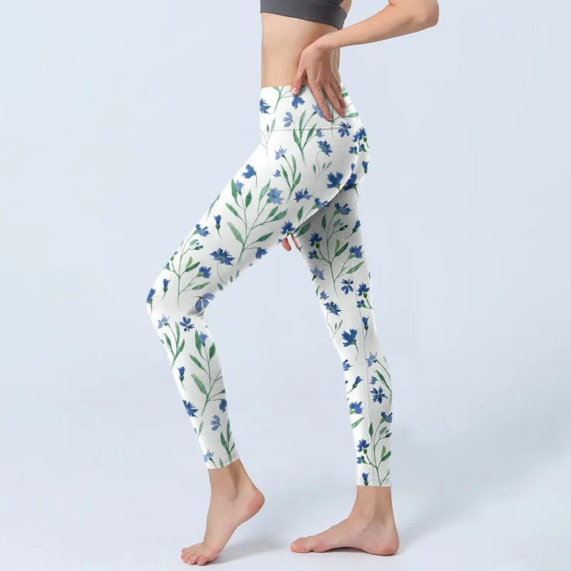 Buddha Stones White Flowers Leaf Pattern Print Gym Leggings Women's Yoga Pants
