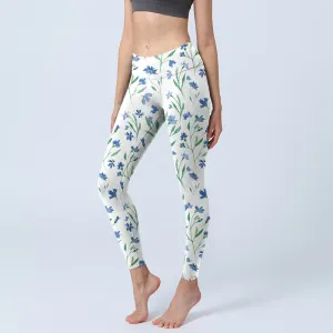 Buddha Stones White Flowers Leaf Pattern Print Gym Leggings Women's Yoga Pants