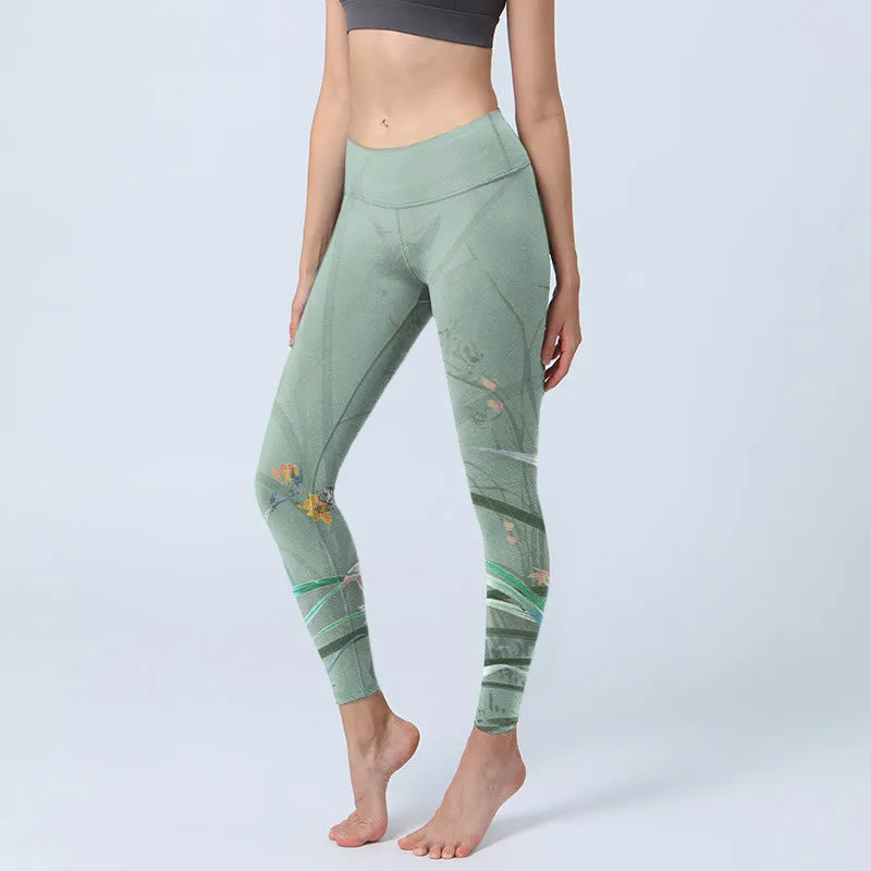 Buddha Stones White Pink Orchids Leaves Print Gym Leggings Women's Yoga Pants