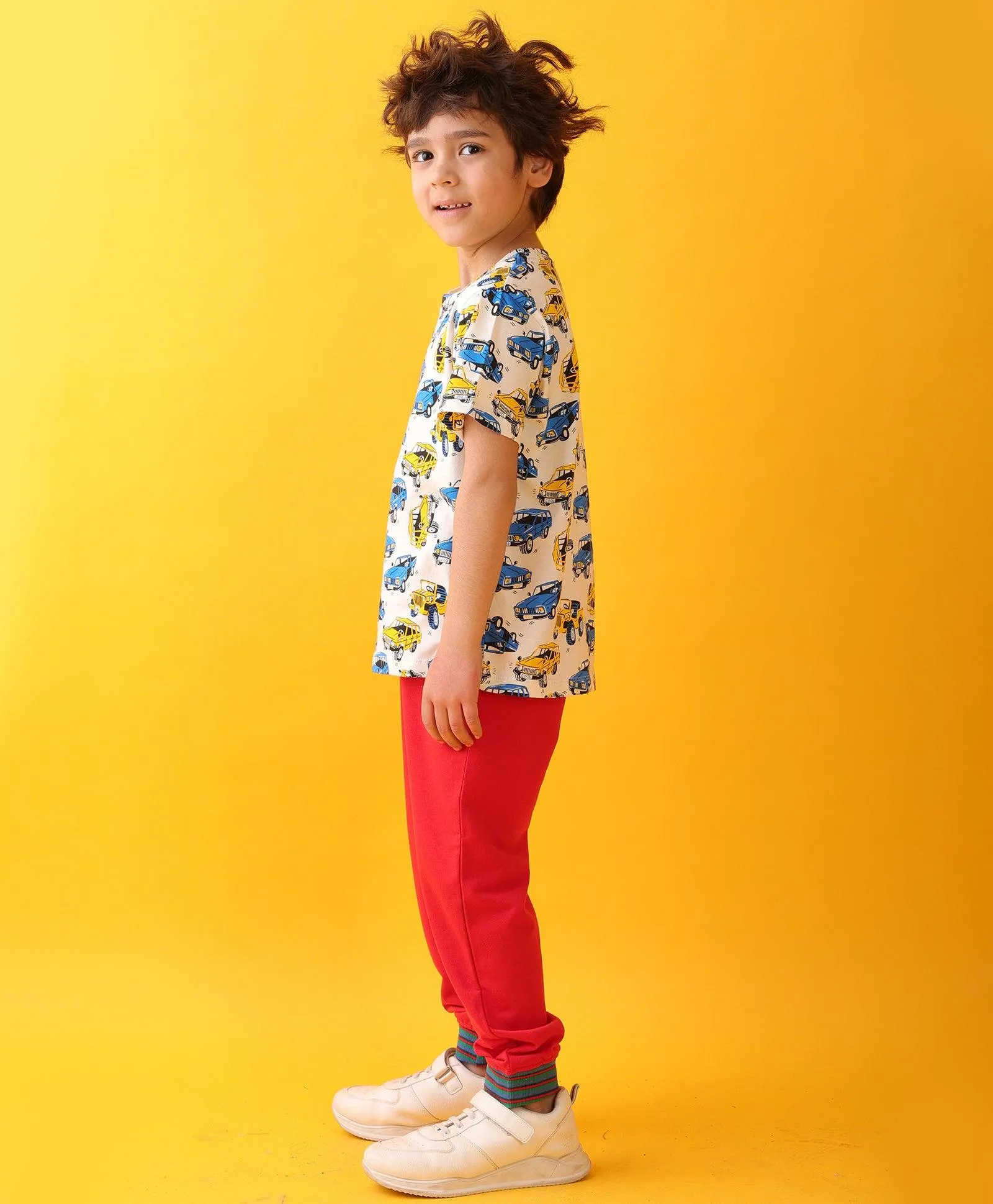 CARS PRINT SUMMER RED RIB BOYS JOGGER SET - WHITE/RED