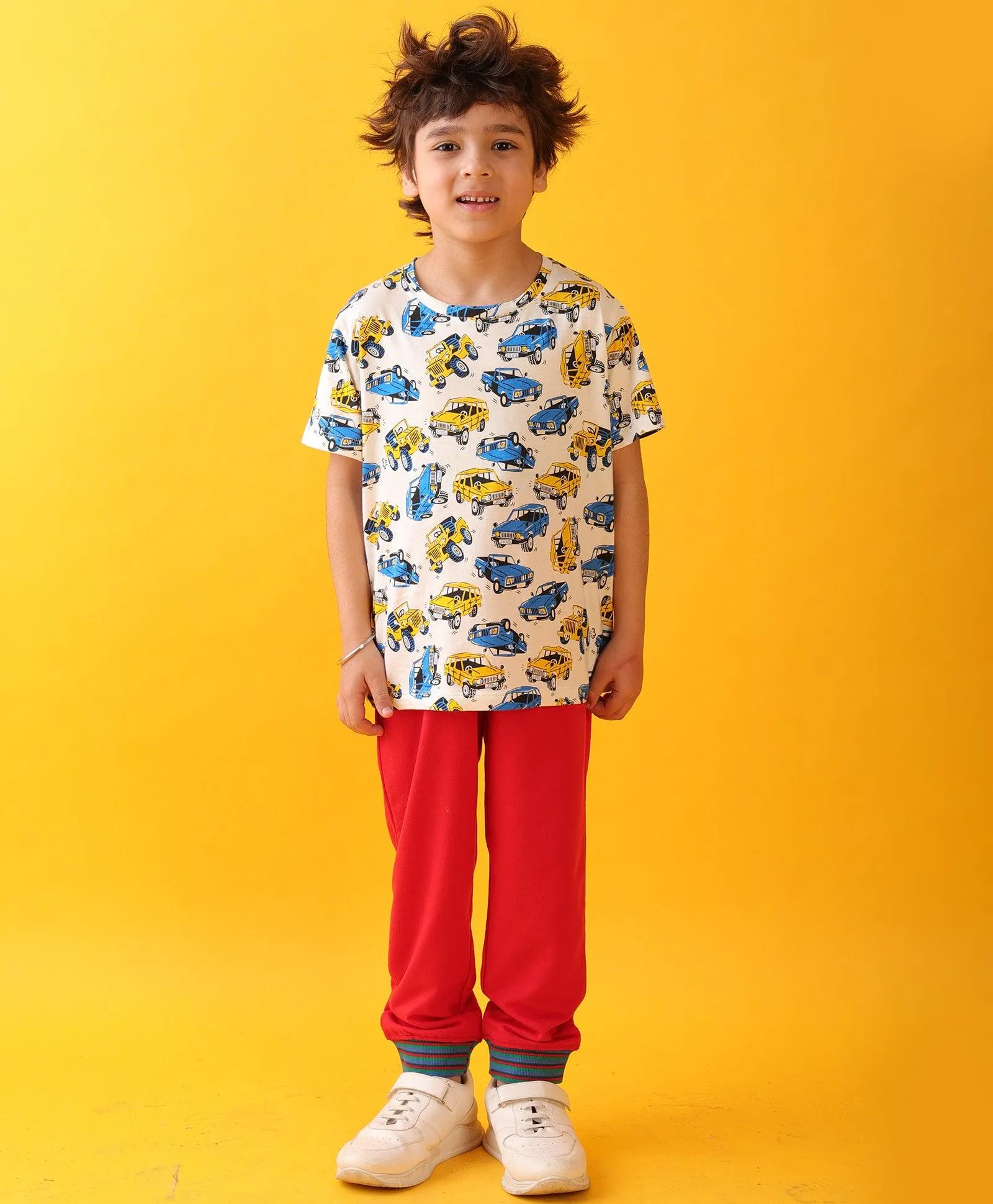 CARS PRINT SUMMER RED RIB BOYS JOGGER SET - WHITE/RED