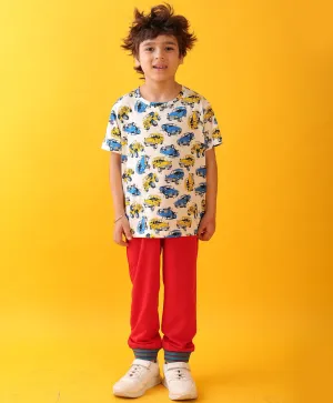 CARS PRINT SUMMER RED RIB BOYS JOGGER SET - WHITE/RED