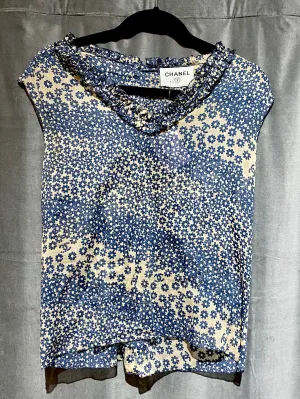 CHANEL cotton ruffle collar floral back button up sleeveless blouse