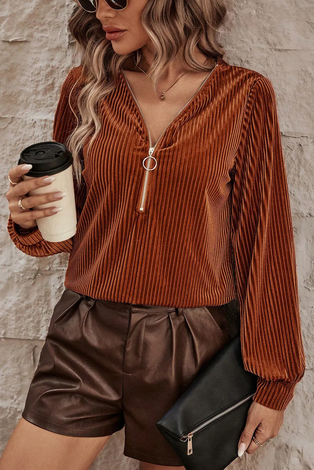 Chestnut Half Zip Ribbed Velvet Top