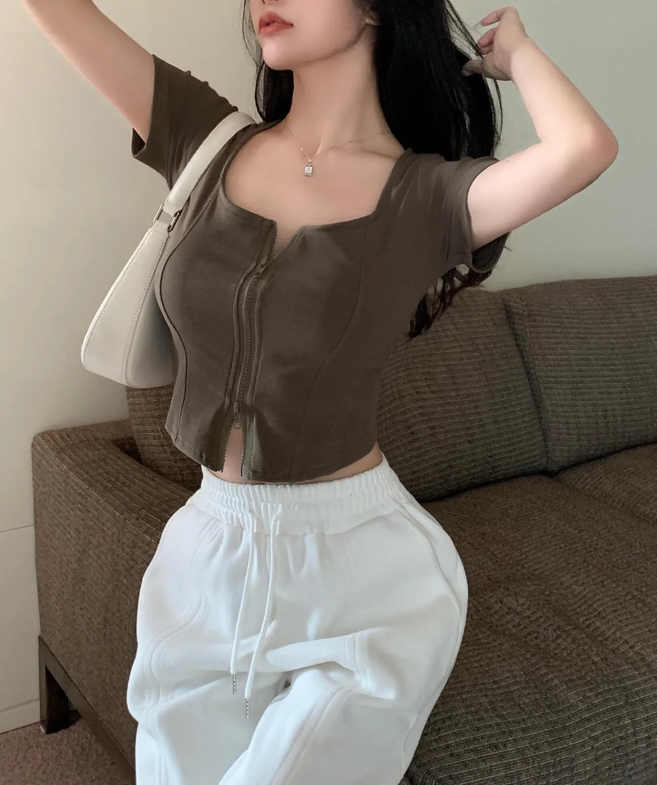 Chic Solid Zip-up T-Shirt for Women with Corset Design
