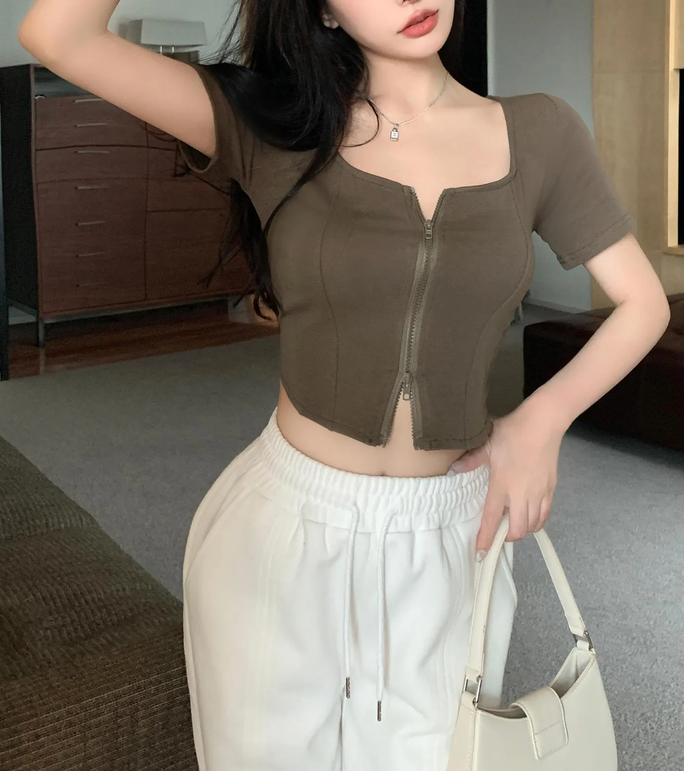 Chic Solid Zip-up T-Shirt for Women with Corset Design