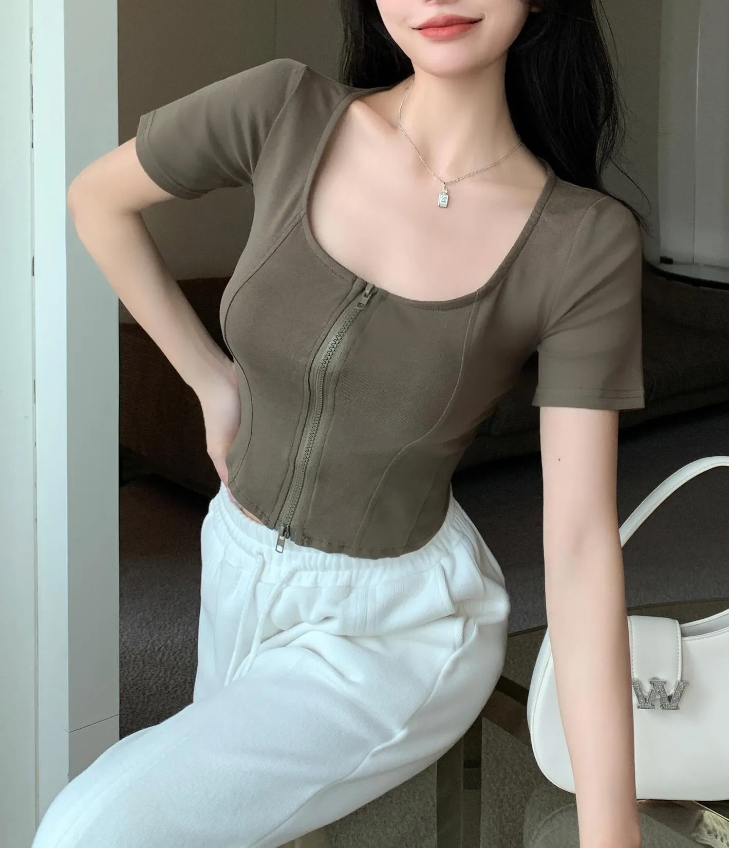 Chic Solid Zip-up T-Shirt for Women with Corset Design