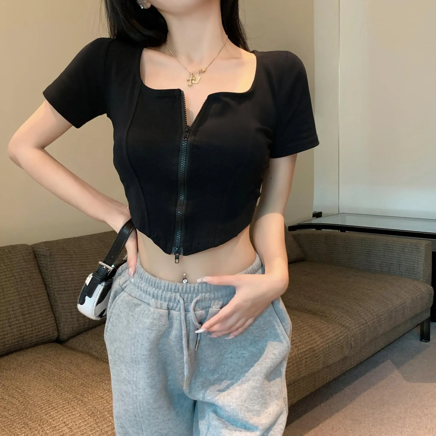 Chic Solid Zip-up T-Shirt for Women with Corset Design