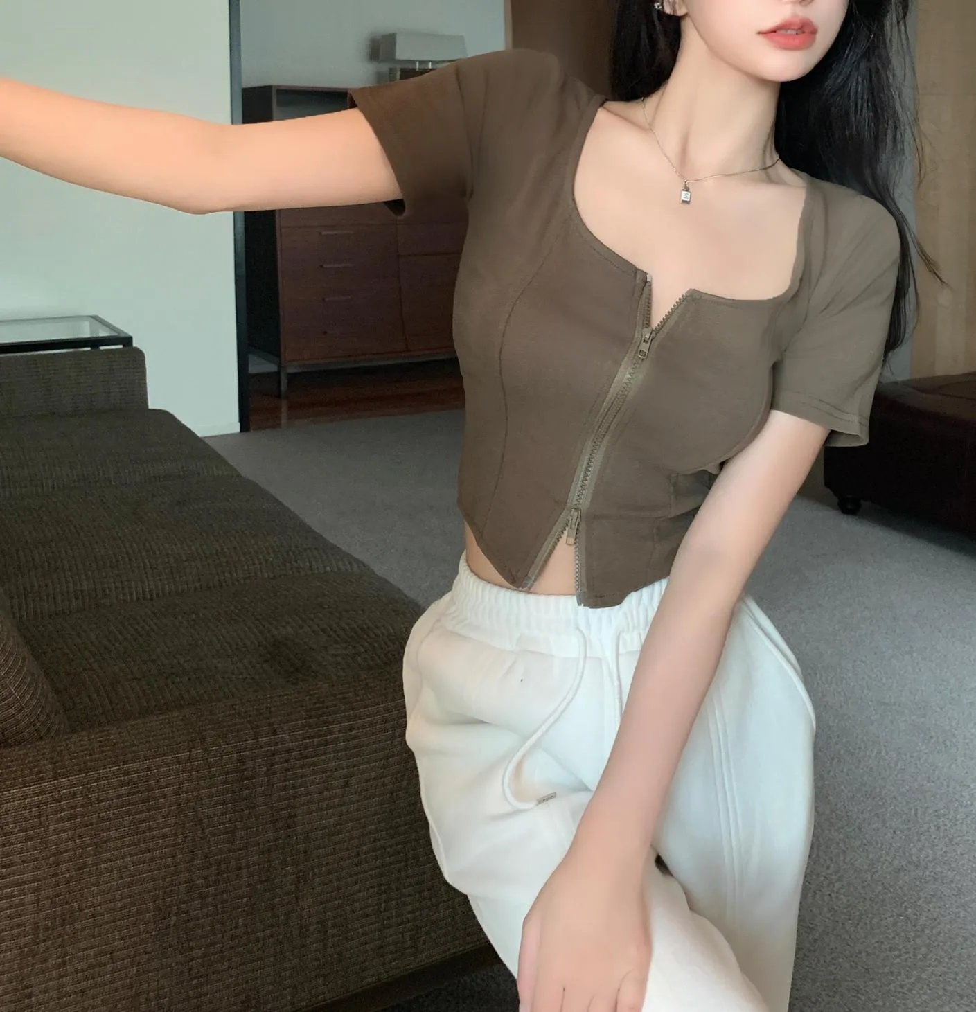Chic Solid Zip-up T-Shirt for Women with Corset Design