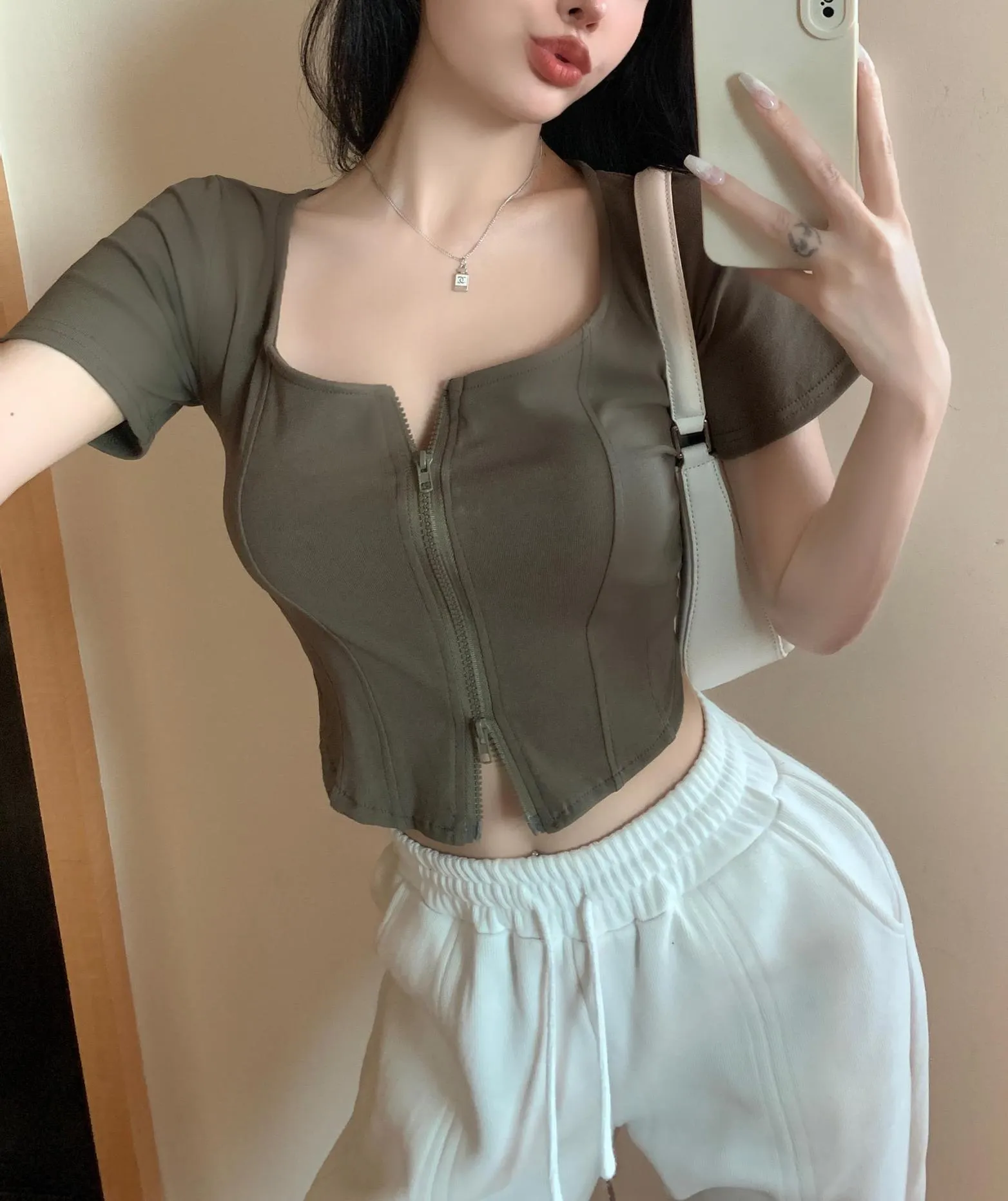 Chic Solid Zip-up T-Shirt for Women with Corset Design