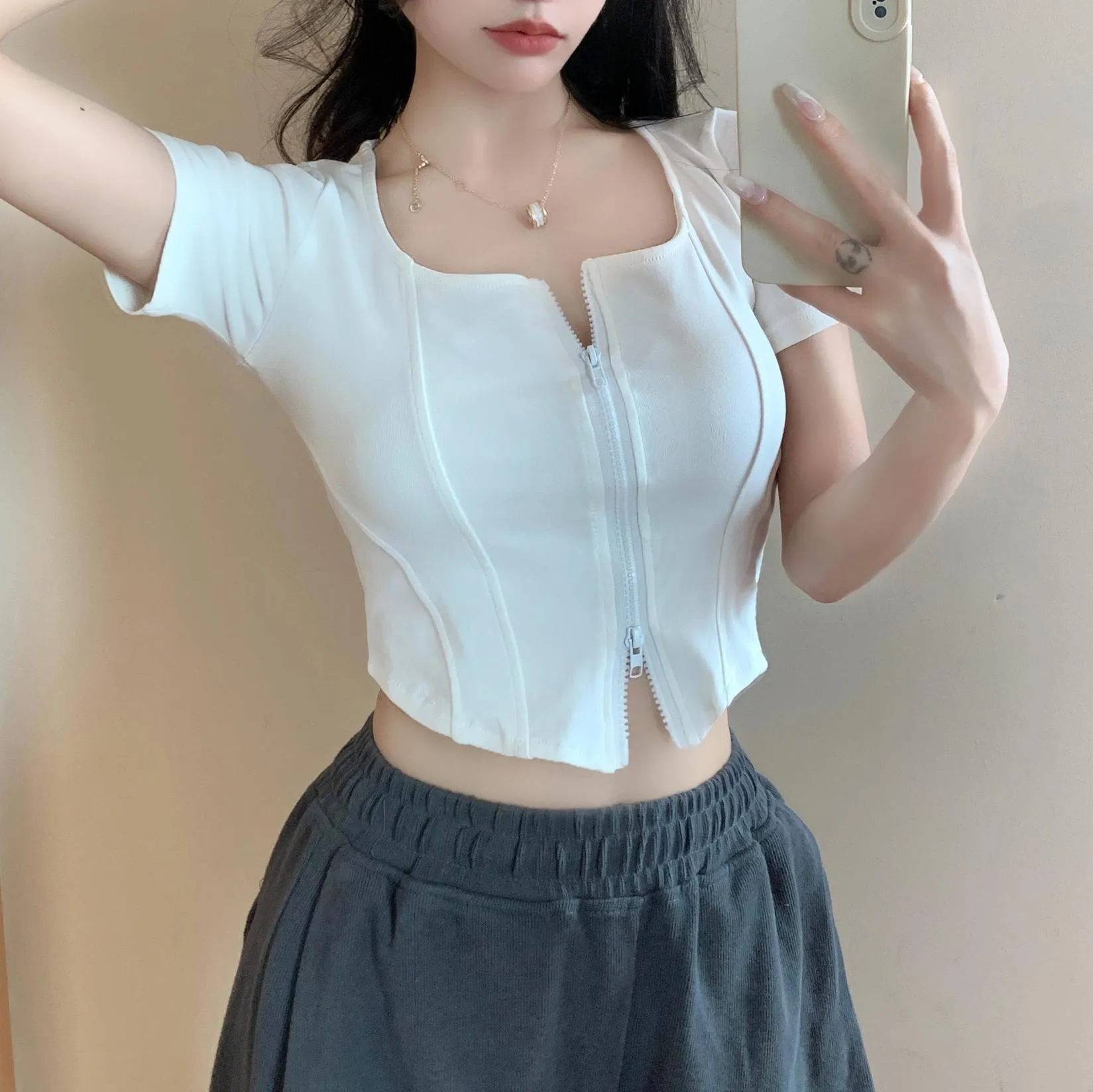 Chic Solid Zip-up T-Shirt for Women with Corset Design