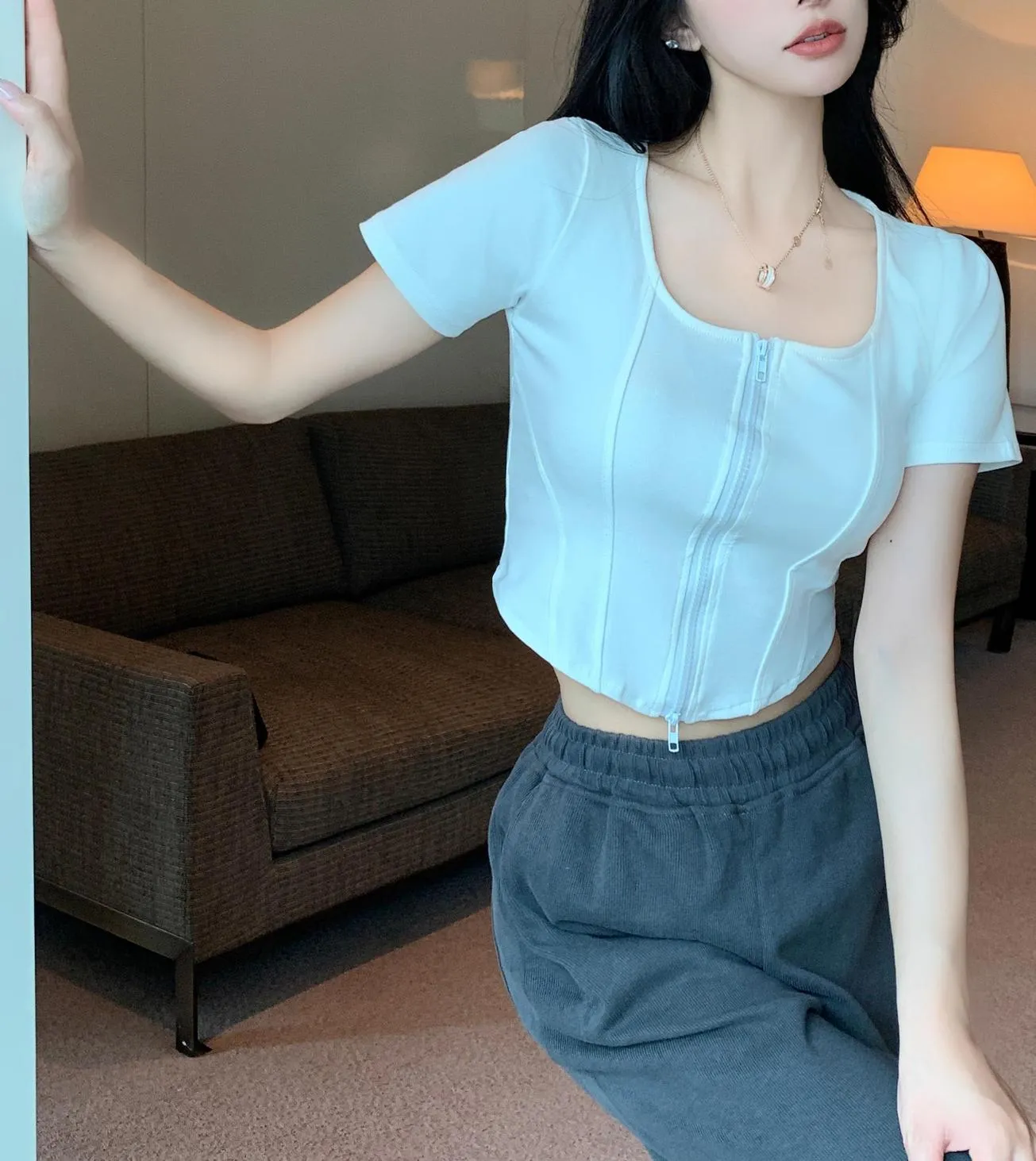 Chic Solid Zip-up T-Shirt for Women with Corset Design