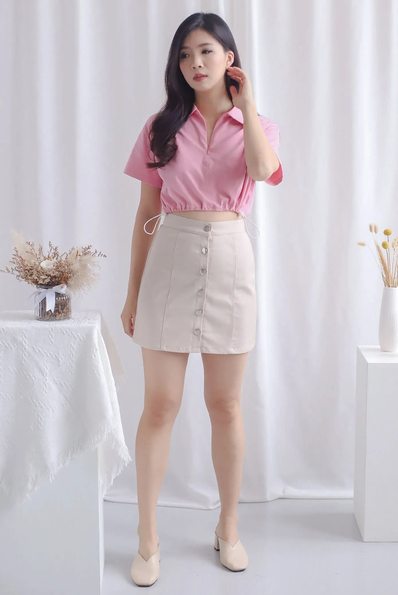 Clyde Drawstring Zip Polo Top In Pink
