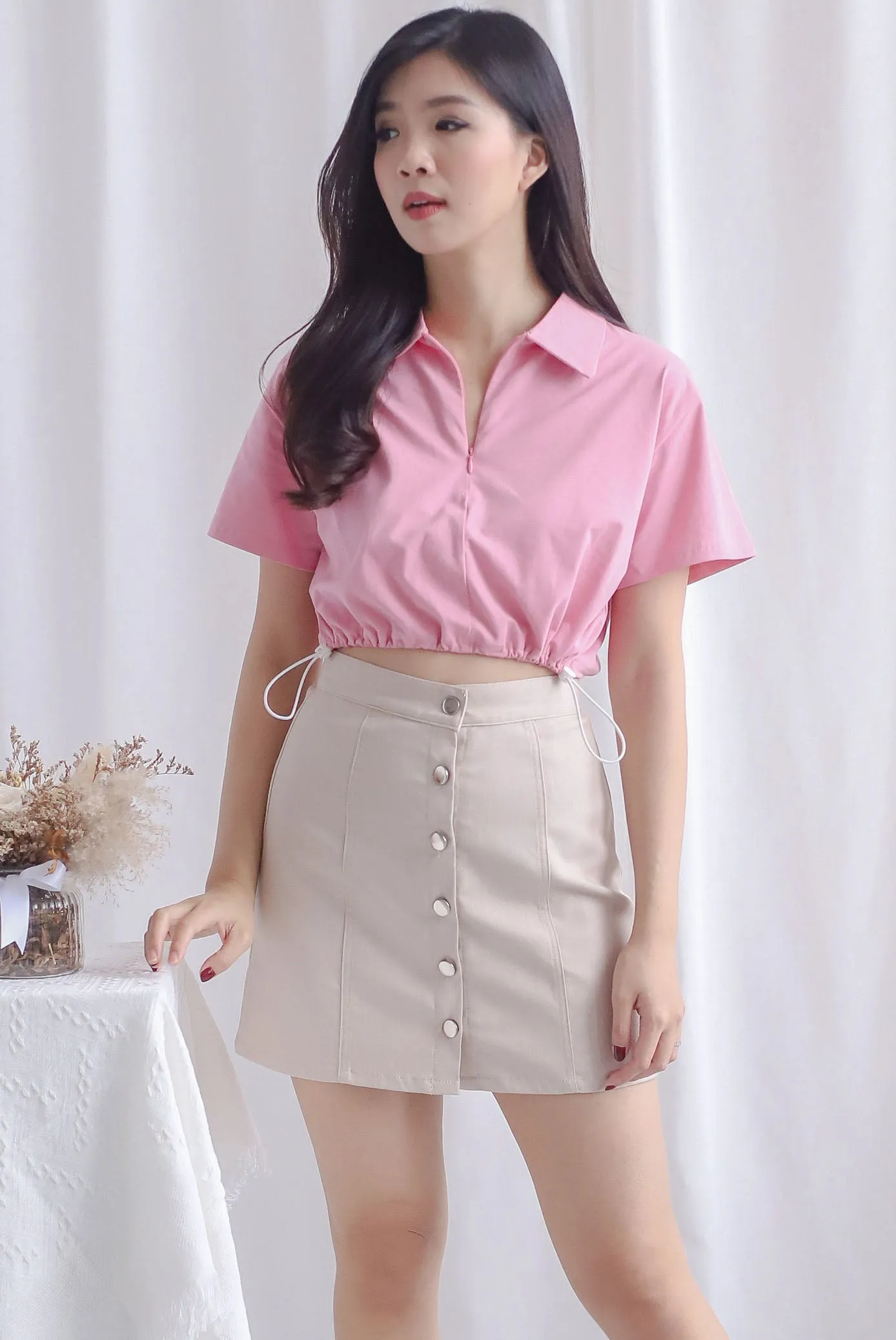 Clyde Drawstring Zip Polo Top In Pink