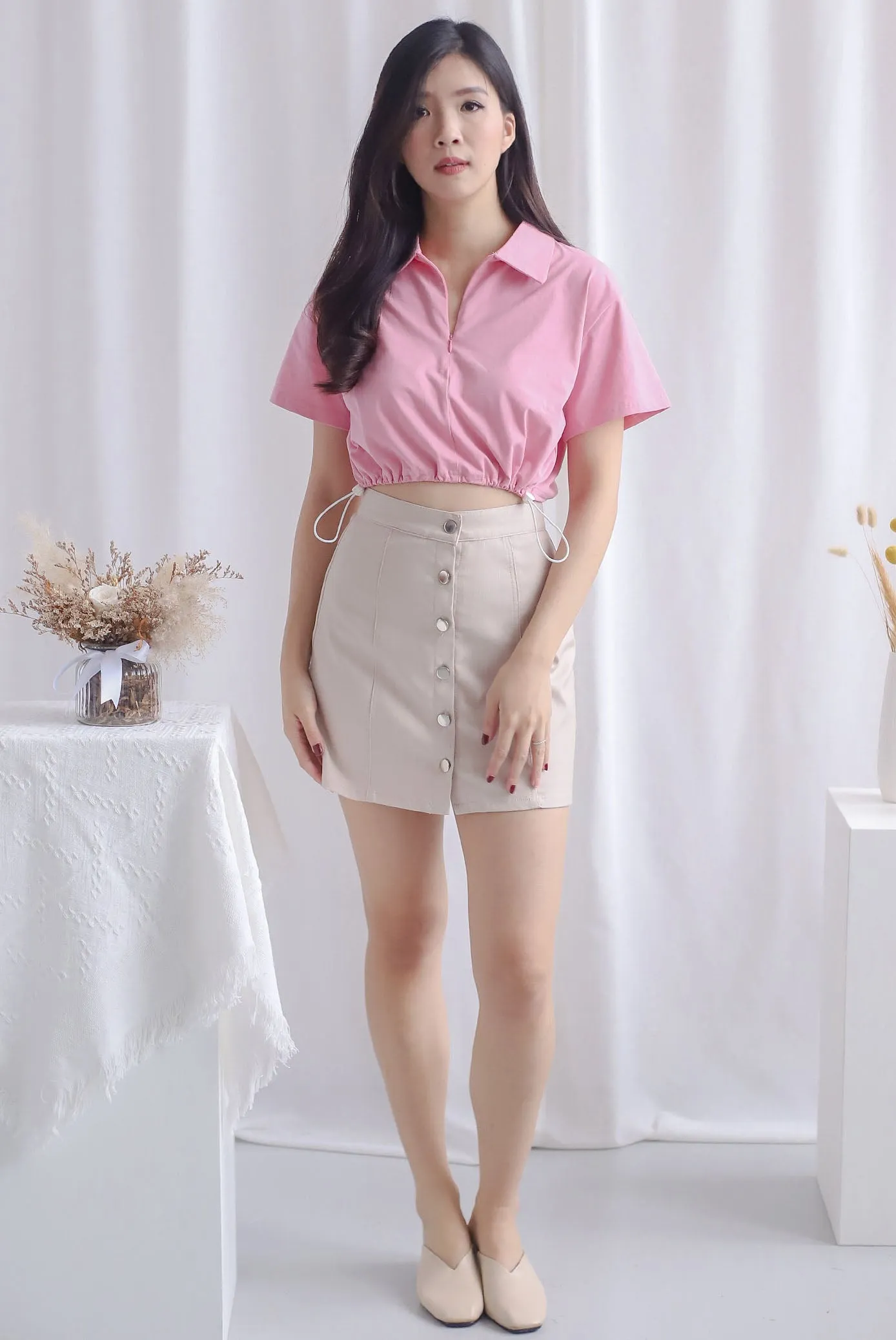 Clyde Drawstring Zip Polo Top In Pink