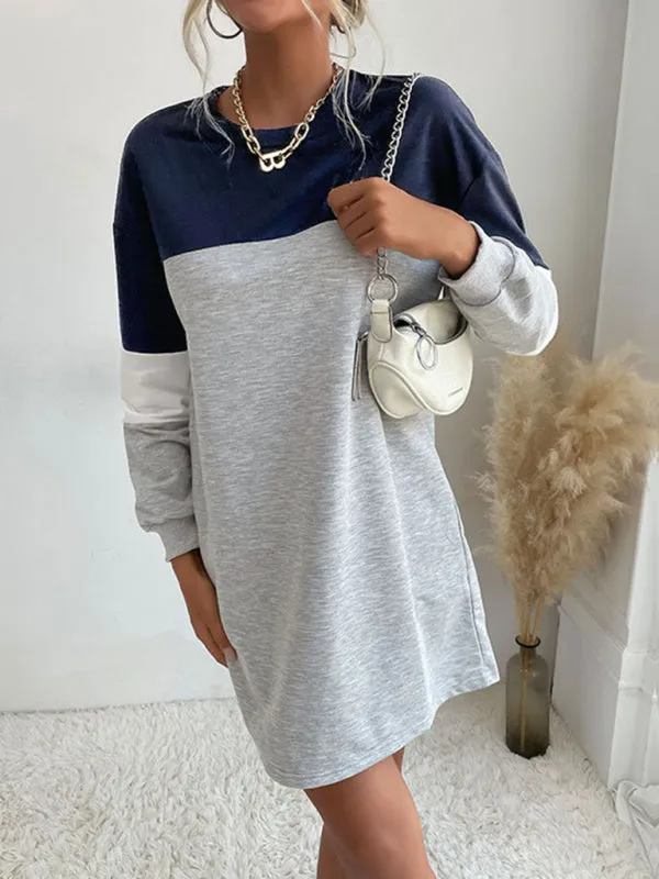 Color Block Mini Sweatshirt Dress with Long Sleeves