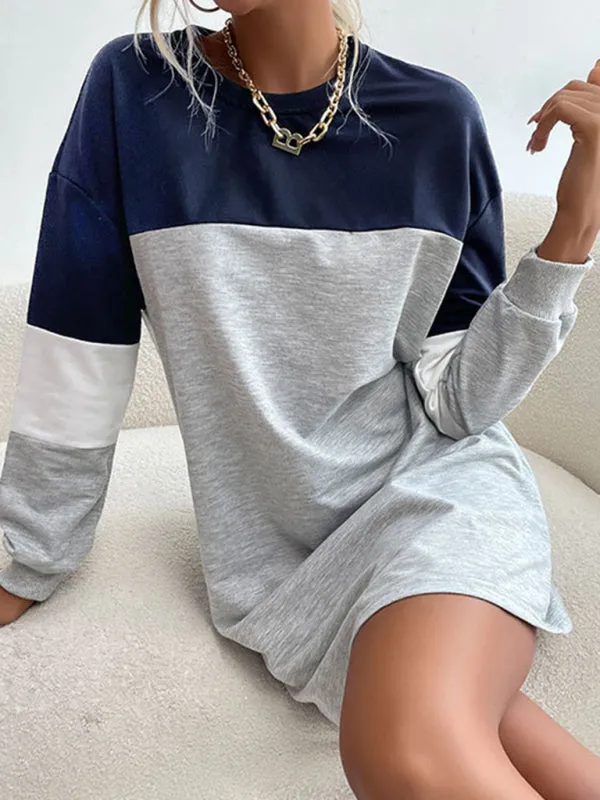 Color Block Mini Sweatshirt Dress with Long Sleeves