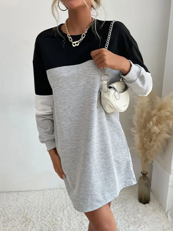 Color Block Mini Sweatshirt Dress with Long Sleeves