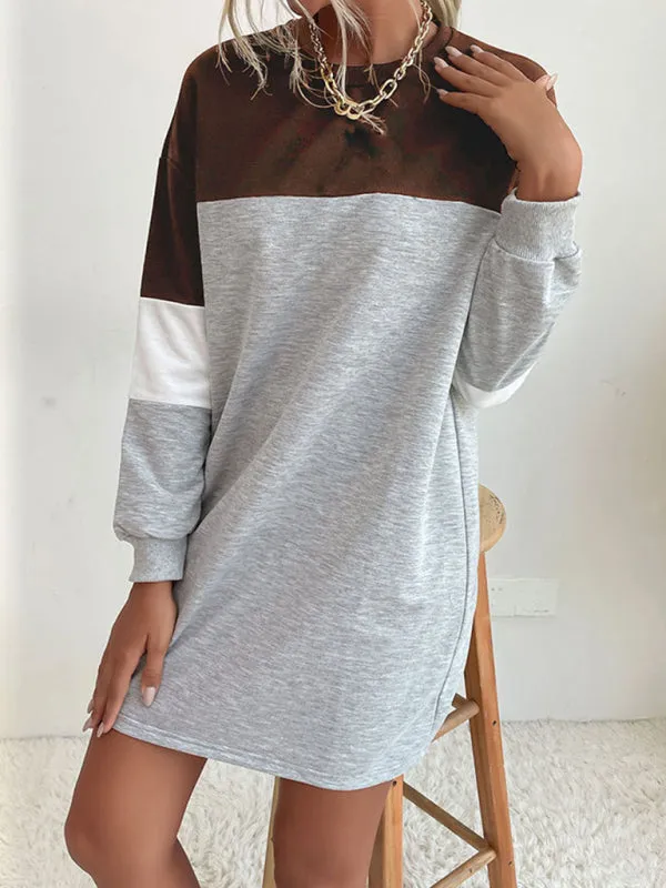 Color Block Mini Sweatshirt Dress with Long Sleeves