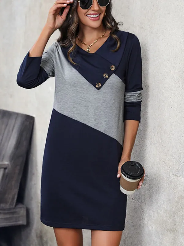 Color Block Sweatshirt Dress with Button Detail