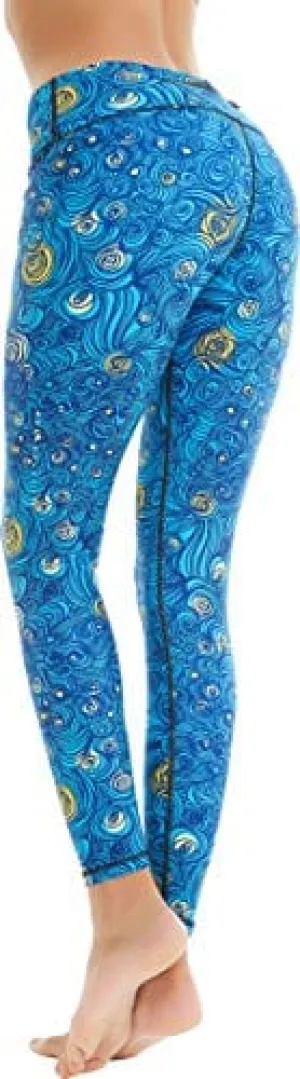 COOLOMG Women's Yoga Running Pants Printed Compression Leggings Workout Tights Hidden Pocket Waves