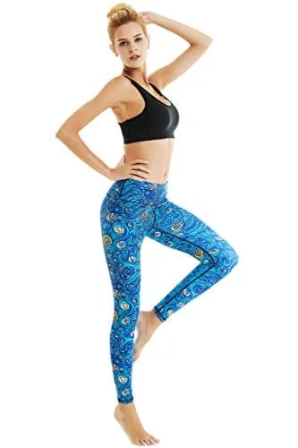 COOLOMG Women's Yoga Running Pants Printed Compression Leggings Workout Tights Hidden Pocket Waves