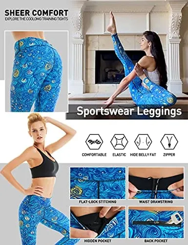 COOLOMG Women's Yoga Running Pants Printed Compression Leggings Workout Tights Hidden Pocket Waves
