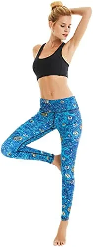 COOLOMG Women's Yoga Running Pants Printed Compression Leggings Workout Tights Hidden Pocket Waves