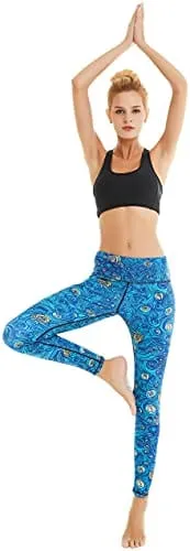 COOLOMG Women's Yoga Running Pants Printed Compression Leggings Workout Tights Hidden Pocket Waves