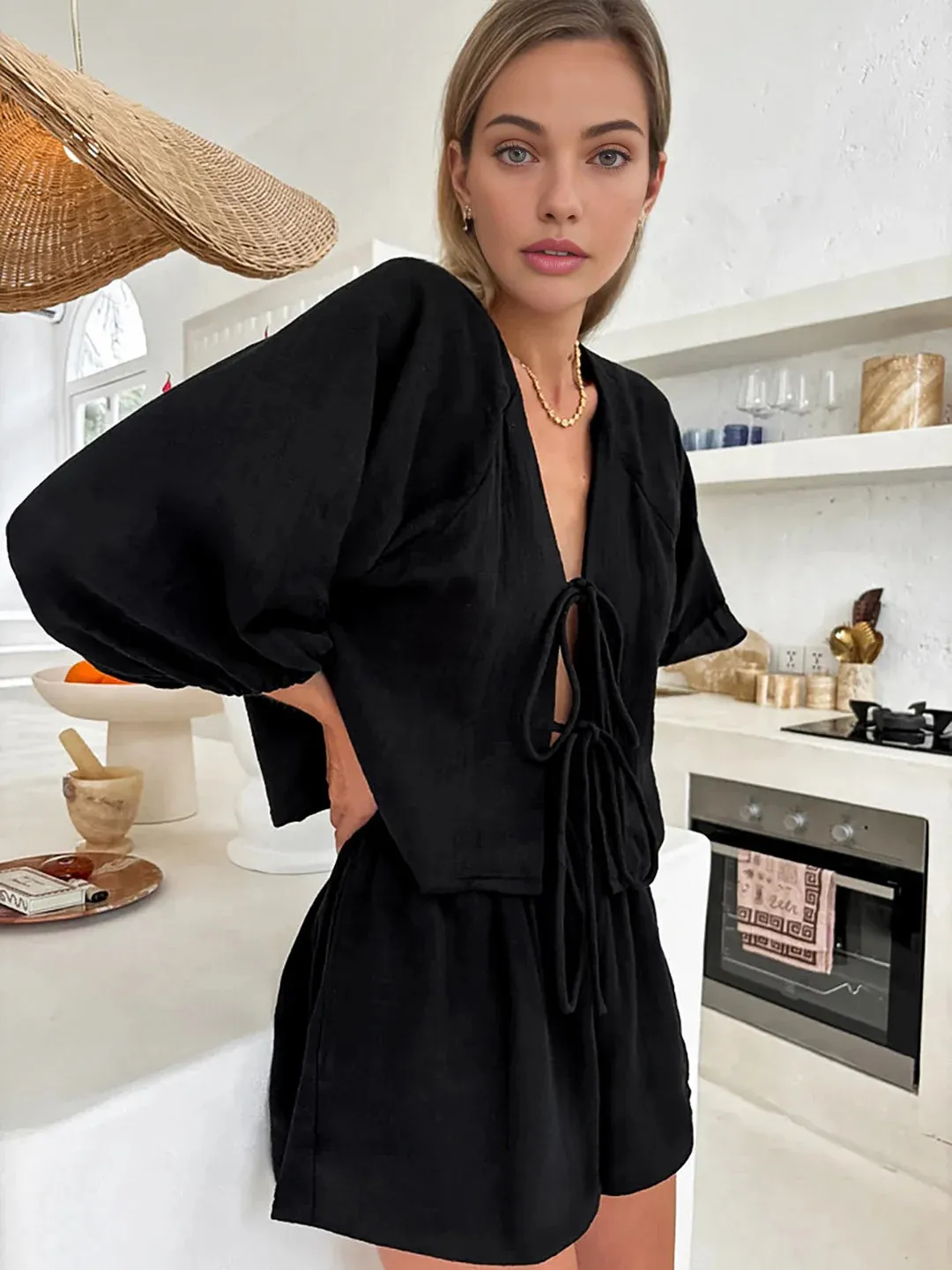 Cotton Tie-Front Long Sleeve Shorts Matching Set