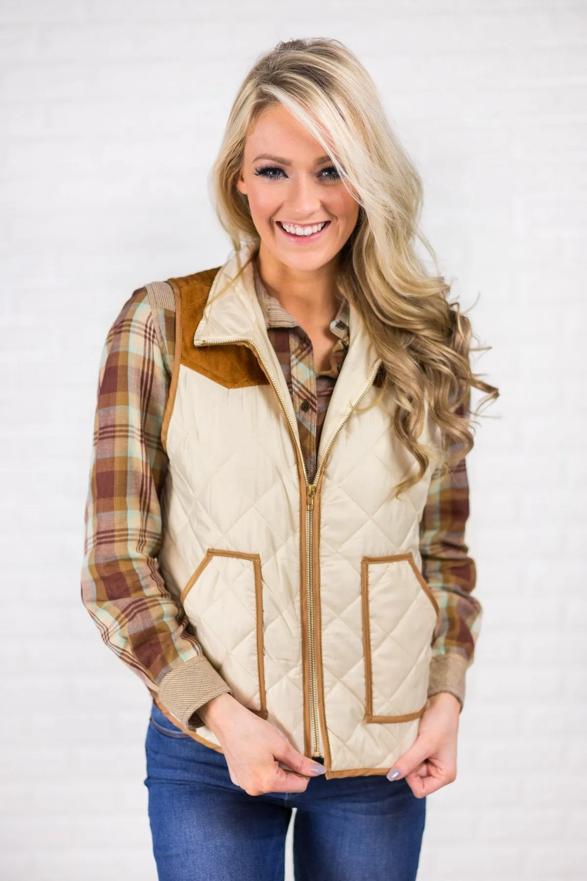 Cream & Suede Zip Up Vest