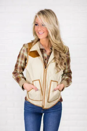 Cream & Suede Zip Up Vest