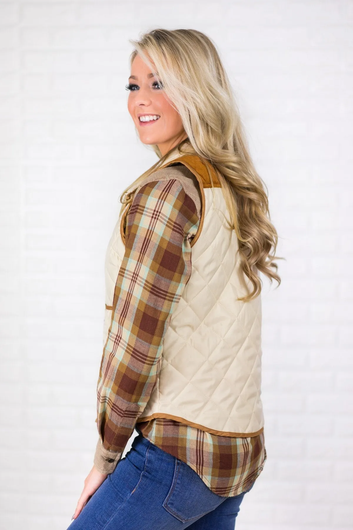 Cream & Suede Zip Up Vest
